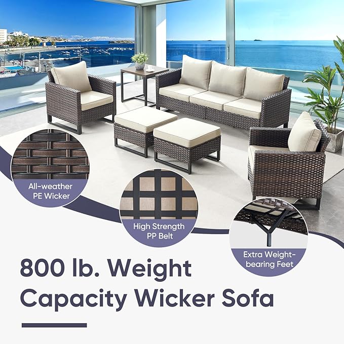 Belord 6 Piece Outdoor Furniture Patio Wicker Sofa Set, Oversize Outdoor Dining Chairs with Rattan Ottomans, Conversation Sets Patio Furniture Come with Removable Cushion Beige, Brown