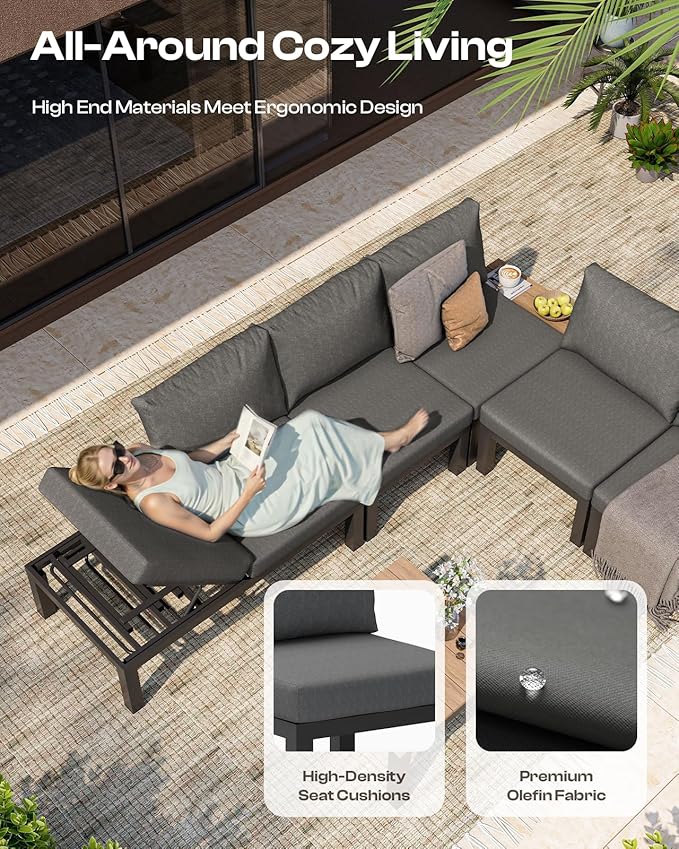Aluminum Modular Outdoor Patio Furniture Set, 8 Seats Sectional Sofa Set with Adjustable Backrest & Thick Cushions, All-Weather L-Shaped Corner Set with Table for Garden & Yard, Graphite