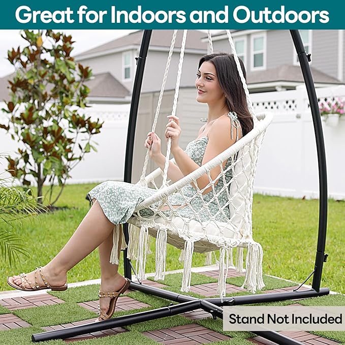 JoyView Macrame Hammock Chair Hanging Swing Chair Max 330 Lbs with 2 Cushions and Hardware Kits for Indoor Outdoor Bedroom Patio Garden - Beige