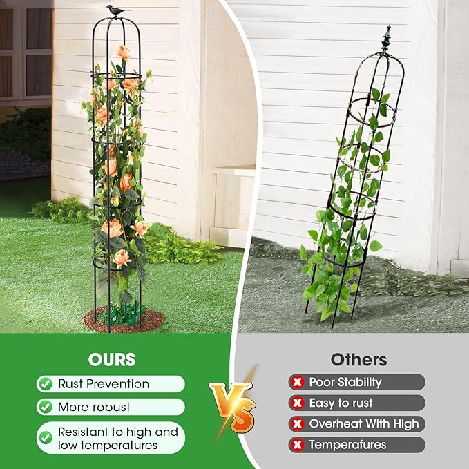 Tower Obelisk Garden Trellis for Climbing Plant，6.2FT/74.4" Rustproof Metal Potted Plant Climbing Support for Indoor Outdoor Flowers Vegetable Fruits Vines Support (2Pcs)