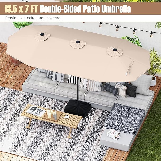 Tangkula 9 Piece Rattan Outdoor Dining Set with 13Ft Umbrella for 6, Outdoor Wicker Table Set with 6 Cushioned Armchairs, Acacia Wood Top, Outdoor Umbrella & with Base Included