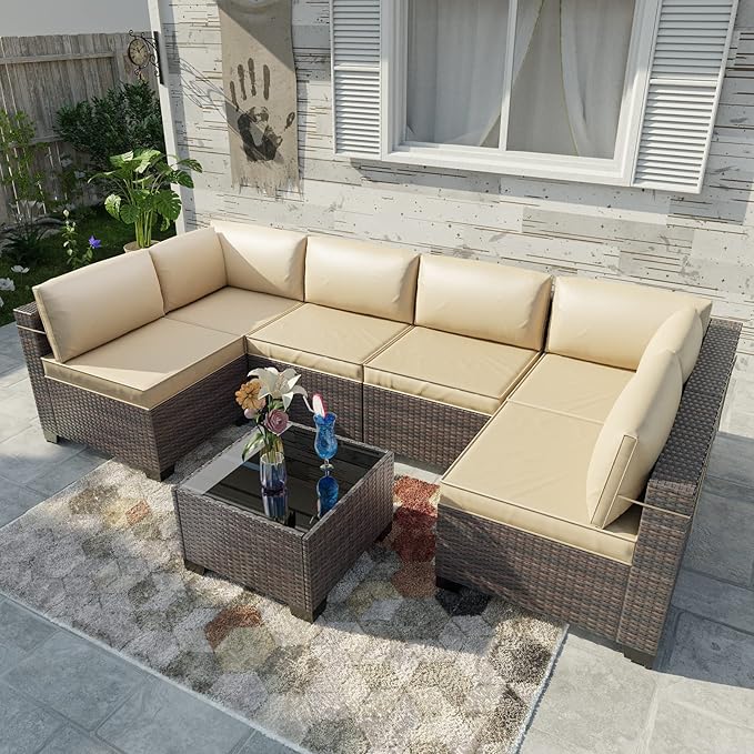 Kullavik 7 Pieces Outdoor Patio Furniture Set,Sectional Rattan Sofa Set Brown PE Rattan Wicker Patio Conversation Set with Tempered Glass Coffee Table and Washable Cushions Covers,Sand