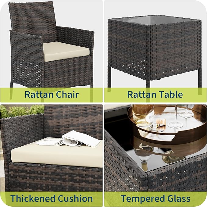 GAOMON 3-Piece Patio Furniture Set, Modern PE Rattan Conversation Set with 2 Chairs & Tempered Glass Coffee Table, All-Weather Outdoor Seating for Garden, Porch, Balcony, Poolside, Brown/Cream