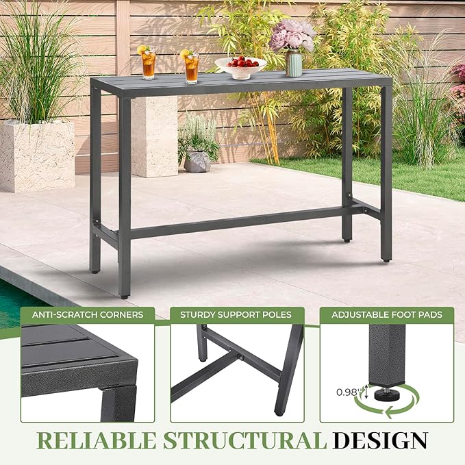 Outdoor Patio Counter Height Bar Table, 63" Rectangle for Patio, Garden, Yard, Balcony, Poolside (Grey)