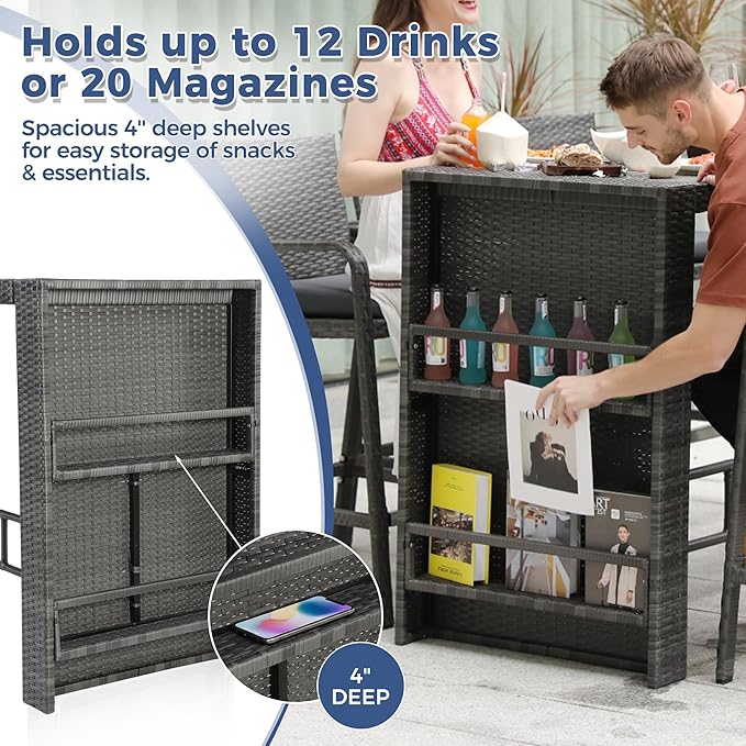 NICESOUL 7-Piece Outdoor Patio Bar Set, Wicker High Top Table with 6 Cushioned Chairs and Hidden Double Storage Shelves, Rattan Counter Bar Height Dining Set for Backyard, Garden, Poolside, Gray