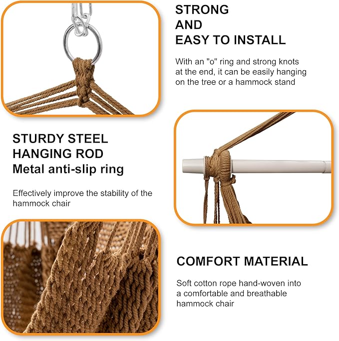 Lazy Daze Hammocks Chair Caribbean Hanging Rope Swing Chair, 40" Removable Steel Spreader Bar with Anti-Slip Rings, Soft-Spun Cotton Rope for Indoor/Outdoor Backyard & Living Room, Max 500 LBS, Tan