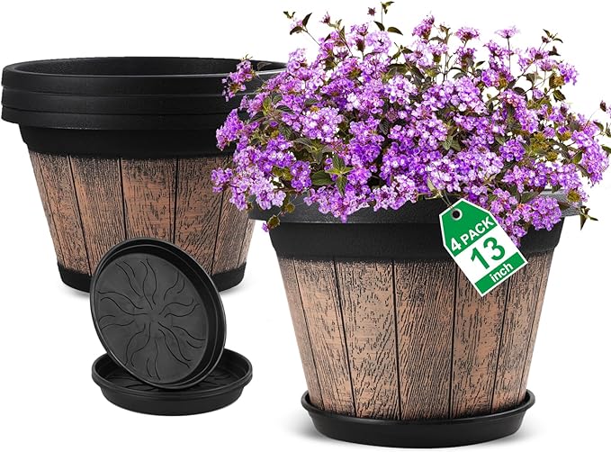 Quarut Large Plastic Plant Pots Set of 4 Pack13 inch,Whiskey Barrel Planters with Drainage Holes & Saucer.Flower Pots Imitation Wine Barrel Design for Indoor & Outdoor Garden Balcony Plants (Brown)