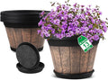 Quarut Large Plastic Plant Pots Set of 4 Pack13 inch,Whiskey Barrel Planters with Drainage Holes & Saucer.Flower Pots Imitation Wine Barrel Design for Indoor & Outdoor Garden Balcony Plants (Brown)