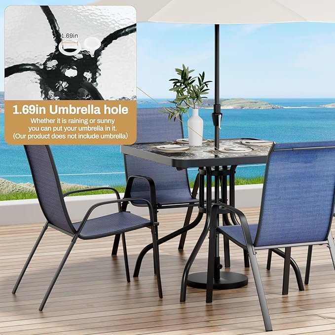 Arlopu 5 Piece Outdoor Patio Dining Set (Umbrella not Included), Porch Furniture with 4 Textline Chairs, 1 Square Glass Table for Garden, Backyard and Poolside, Lawn (Navy Blue)