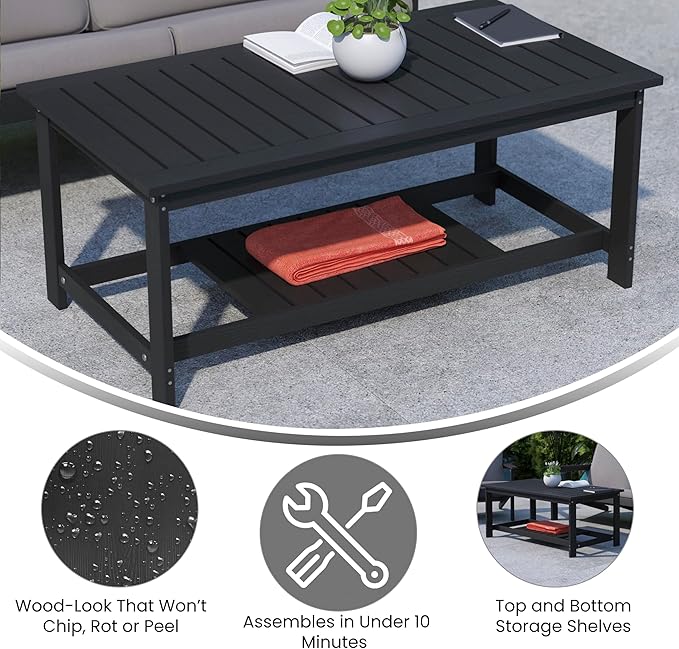 BizChair Two Tiered Commercial Grade Adirondack Coffee Table - Black Finish Poly Resin Wood - All-Weather - Slatted Shelf Design