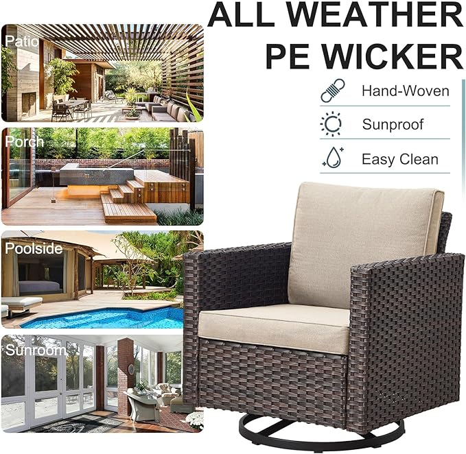 Belord Wicker Chairs Outdoor Bistro Set Oversize Patio Swivel Rocker, Rattan Outdoor Seating Set of 2 Swivel Glider Chairs Wicker Furniture for Porch Deck Backyard with Water-Resistant