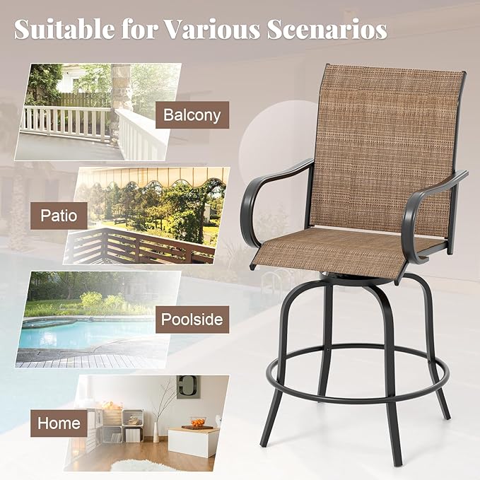 Giantex Set of 4 Swivel Outdoor Bar Stools, All-Weather Bar Height Patio Chairs, 330LBS Capacity, 360 Rotating Outside Bar Chairs with High Back Armrests, for Porch Yard Lawn Garden Pool (Brown)