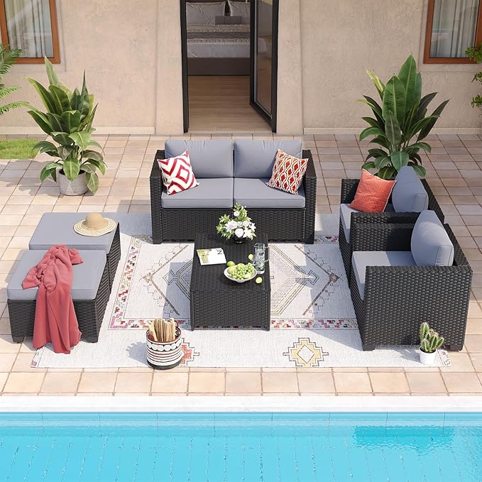 Aoxun 7 Piece Outdoor Patio Furniture Set 6 Seats, Outdoor Sectional with Thick Waterproof Cushions & Storage Coffee Table, Patio Conversation Sets for Garden,Backyard, Porch, Balcony, Deck, Gray
