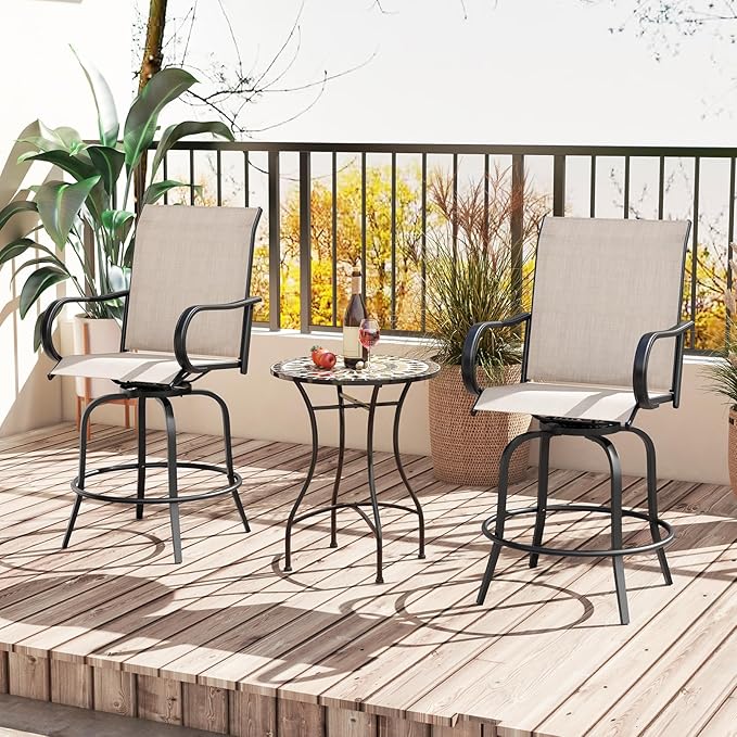 Giantex Set of 4 Swivel Outdoor Bar Stools, All-Weather Bar Height Patio Chairs, 330LBS Capacity, 360 Rotating Outside Bar Chairs with High Back Armrests, for Porch Yard Lawn Garden Pool (Grey)
