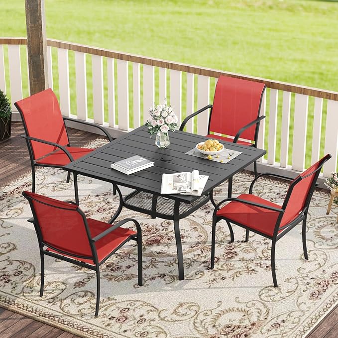 VICLLAX 5-Piece Modern Patio Dining Set - Square Table & 4 Stackable Sling Chairs - Black Table, Red Chairs - Outdoor Furniture for Balcony, Garden, Deck