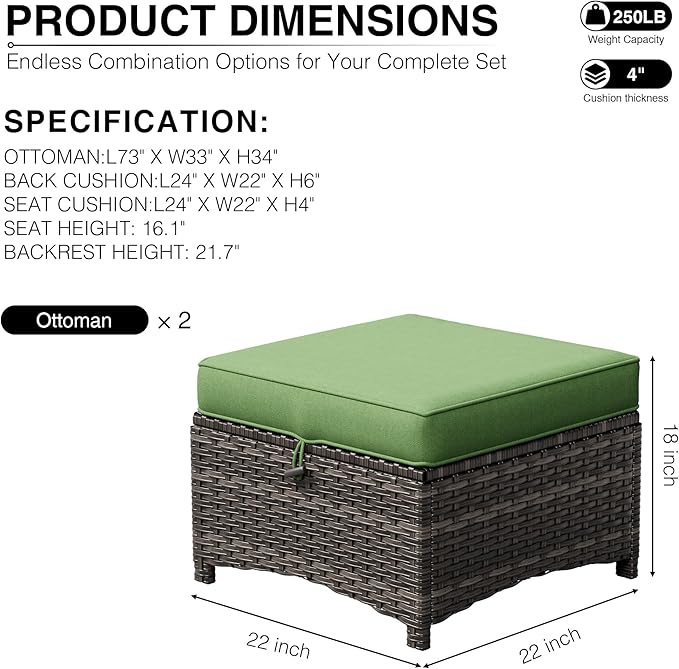 Joyside Outdoor Ottoman Set of 2, Patio Large Ottoman Foot Rest with Thickened Cushions, Outdoor Wicker Foot Stool for Porch, Deck Use