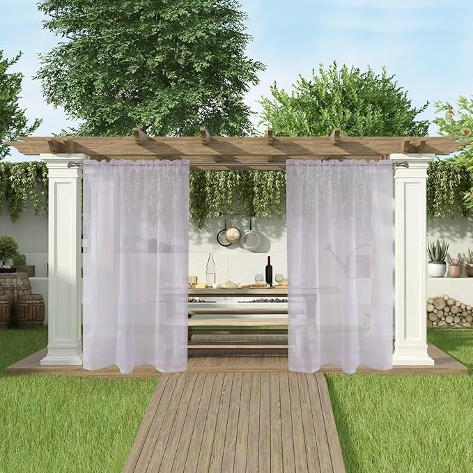 SpaceDresser Waterproof Outdoor Sheer Curtains for Patio - 2 Panels Rod Pocket Indoor Voile Sheer Curtain for Living Room,100W x 96L inch, Silver Grey