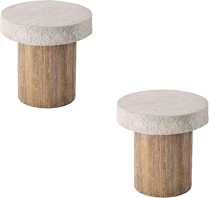 COSIEST Outdoor Medium Side Table, Patio Coffee Table, 19.7 inches Round MgO End Patio Stool with Faux Wooden Pedestal Base, Garden, Backyard, Antique Beige