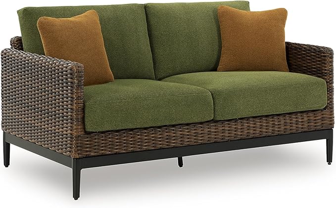 Signature Design by Ashley Horizon Hall Vintage Outdoor Nuvella Weather Resistant Fabric, Resin Wicker Loveseat with Cushion and 2 Accent Pillows, Green & Dark Brown