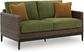 Signature Design by Ashley Horizon Hall Vintage Outdoor Nuvella Weather Resistant Fabric, Resin Wicker Loveseat with Cushion and 2 Accent Pillows, Green & Dark Brown