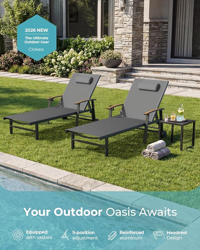 Ciokea Outdoor Lounge Chair with Pillow Set of 2, 5-Position Aluminum Chaise Lounge with Wheels & Armrests, 400 lbs Heavy Duty Patio Pool Chair for Backyard, Deck, Beach & Poolside, Grey