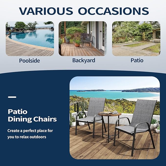 PIZZELLO Patio Chairs Set of 4, Outdoor Stackable Dining Chairs for All Weather, Lightweight Textilene Outdoor Chair Sets with Armrests, 330Lbs Capacity, for Backyard Porch Poolside Garden (Grey)