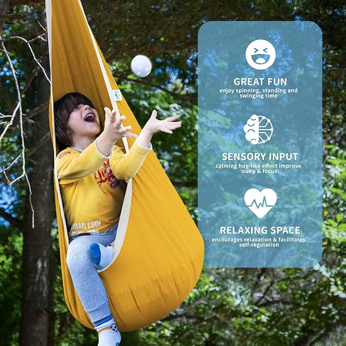 OUTREE Kids Pod Swing Seat, Cotton Child Hammock Swing Chair, Sensory Swing for Indoor and Outdoor Use, Yellow and White
