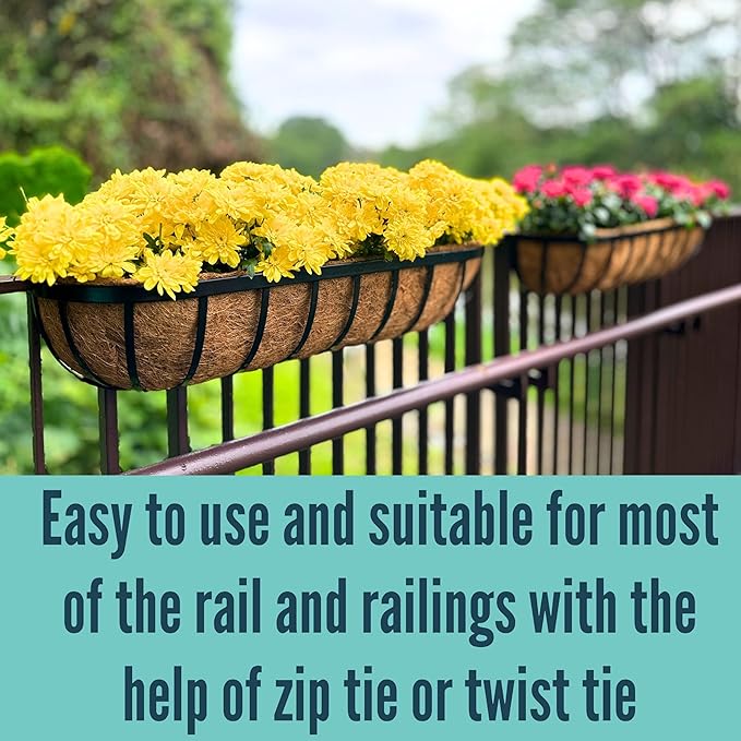LaLaGreen Outdoor Wall Planter for Plants (24 Inch, 8 Pack) Large Black Metal Basket with Coco Liner, Window Flower Box Deck Railings Hanging Balcony Plant Holder Pot Garden Fence Balcony Patio Rail