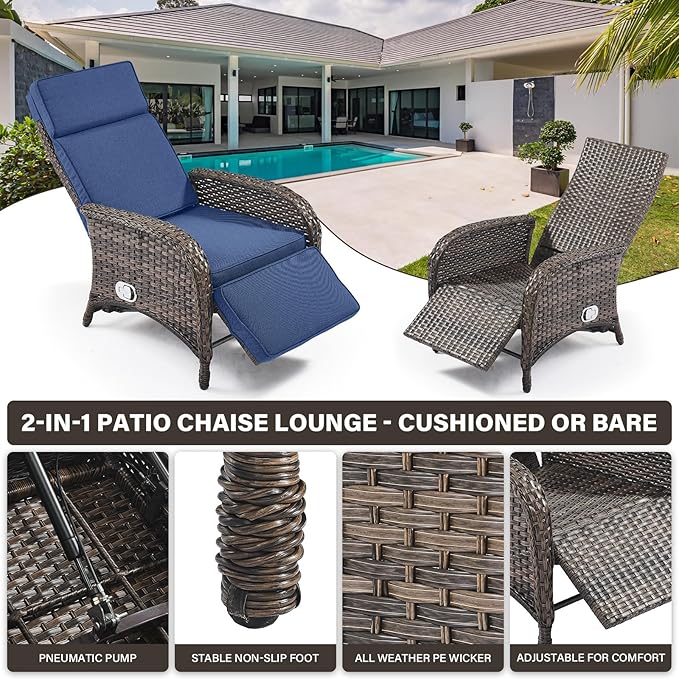 Belord Patio Furniture Set - 6-Piece Wicker Loveseat Outdoor Daybed Furniture Set with Recliner Lounge Chairs Set of 2 and Side Table, All-Weather Outdoor Patio Conversation Set for Deck Pool Backyard