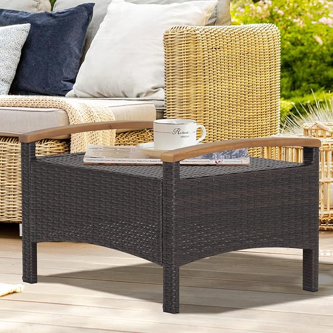 RELAX4LIFE Outdoor Wicker Ottomans for Patio - 2 Pieces PE Rattan Ottoman, Footrest Seat with Zippered Cushions, Acacia Wood Handles, 3-in-1 Footstool, Side Table for Poolside, Backyard (Off White)