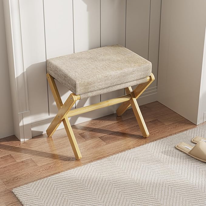 Foldable Foot Stool Ottoman, Modern Foot Rest with Bamboo X Legs & Thick Foam Cushion, Folding Foot Stools Small Padded for Bedroom Living Room, Footstool for Chair Couch (Natural - Brown)