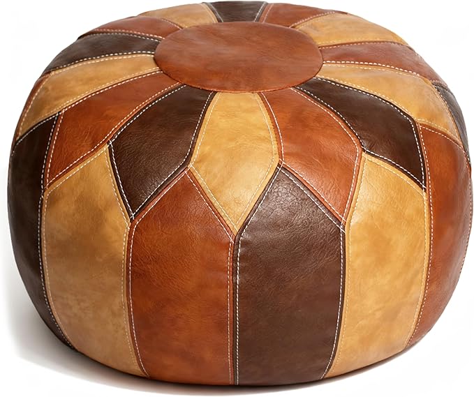 Thgonwid Unstuffed Moroccan Faux Leather Pouf Ottoman with Storage - Handmade Boho Chic Multi-Use Footrest for Living Room, Bedroom, Patio - Round Ethnic Floor Cushion & Decorative Accent, Tricolor