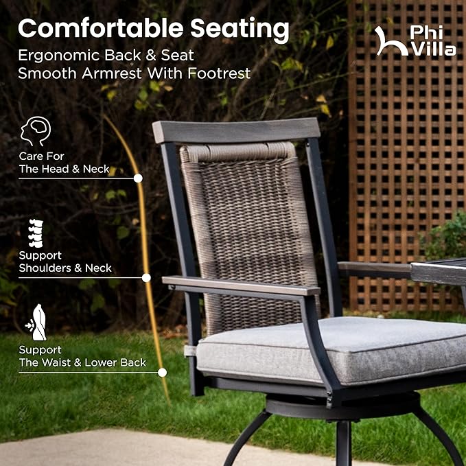 PHI VILLA 5 Piece Outdoor Bar Furniture Set, Counter Height Patio Bar Bistro Table (Square) & Rattan Wicker Bar Stools Chairs with All Weather Cushions for Backyard, Deck and Porch