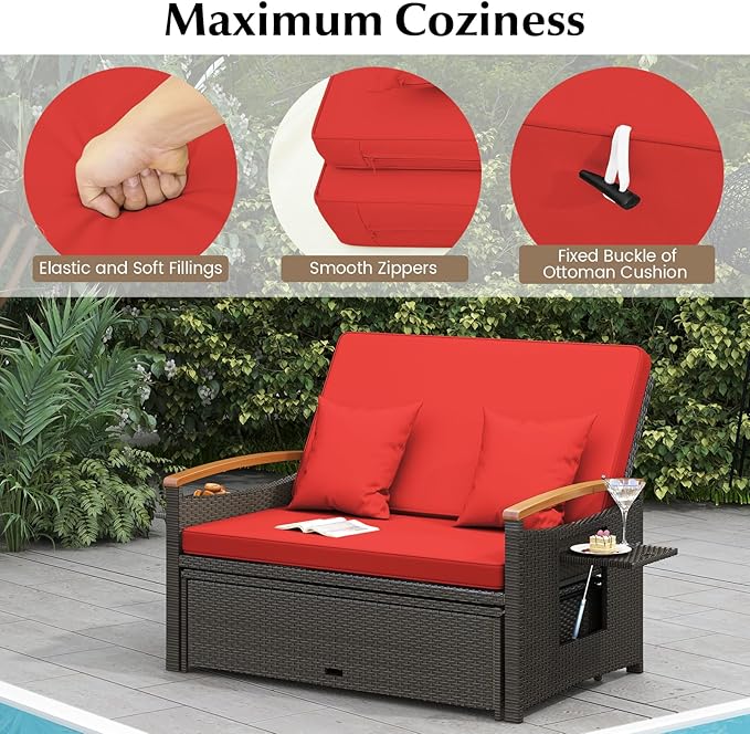 LDAILY Moccha Outdoor Wicker Daybed, Patio Rattan Loveseat Sofa w/ 4-Level Adjustable Backrest, Folding Panels, Storage Ottoman & Cushions, Lounge Furniture Set for Poolside Backyard Porch (Red)