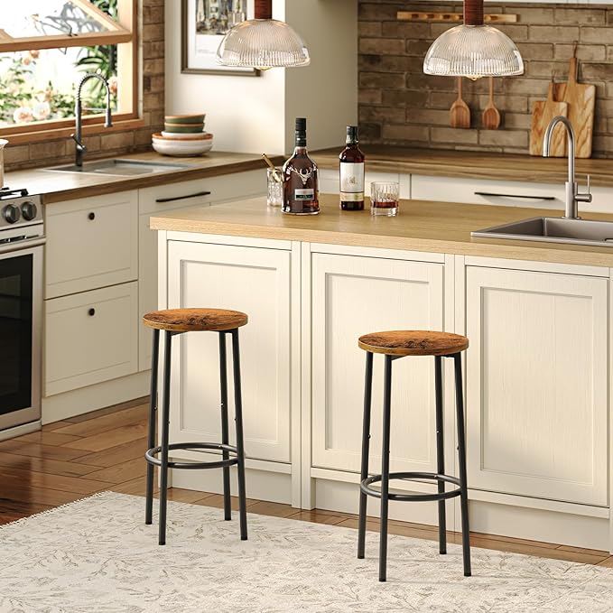 HOOBRO Bar Stools, Set of 4 Bar Chairs, Kitchen Round Height Stools with Footrest, Breakfast Bar Stools, Sturdy Steel Frame, for Dining Room, Kitchen, Party, Easy Assembly, Rustic Brown BF03BYP401N1