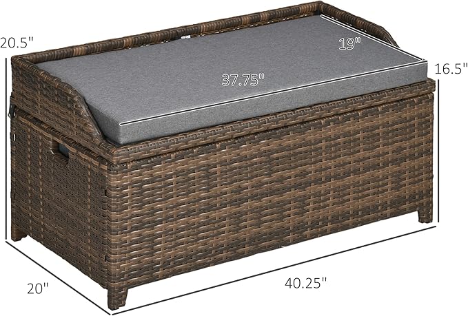 Outsunny 38 Gallon Outdoor Wicker Storage Bench Deck Box, PE Rattan Patio Furniture Pool Storage Bin Container with Interior Waterproof Cloth Bag and Comfortable Cushion, Cream White