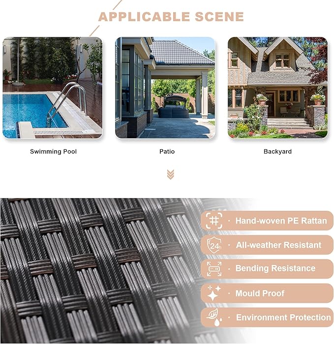 Kullavik Outdoor Patio Furniture Set 6 Pieces Sectional Rattan Sofa Set Brown PE Rattan Wicker Patio Conversation Set with 5 Seat Cushions and 1 Tempered Glass Table,Sand