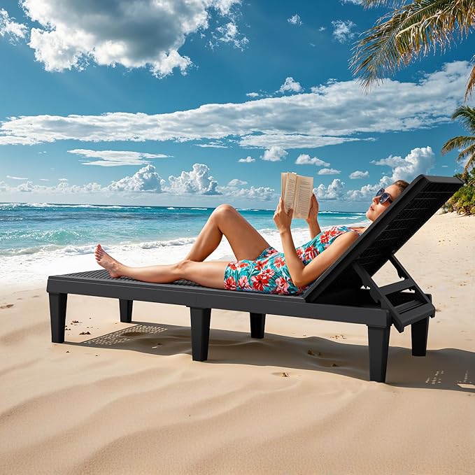 Greesum Outdoor Chaise Lounge Chairs Set of 2 with 5-Position Adjustable Backrest, Waterproof PP Sun Loungers for Garden Pool Beach Patio Deck Sunbathing, Black