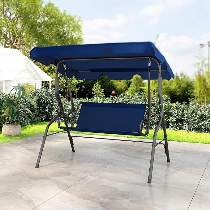 Porch Swing Outdoor, 3 Person Patio Swing w/Removable Cushion, Stand & Adjustable Canopy, Heavy Duty Swing Chair for Patio, Garden, Courtyard, Poolside