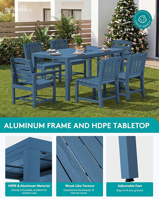 SERWALL 9-Piece Outdoor Dining Set, 60" - 83" Expandable Outdoor Dining Table and 8 HDPE Chairs, All Weather HDPE Outdoor Furniture Set for Backyard, Garden, Blue