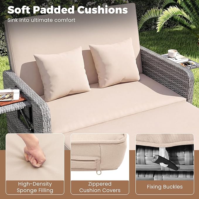 HAPPYGRILL Patio Rattan Wicker Daybed with Loveseat & Storage Ottoman, Outdoor Lounge Sofa Furniture Set with Adjustable Backrest & Side Trays, for Poolside Deck Porch Lawn (Mix Grey & Beige)