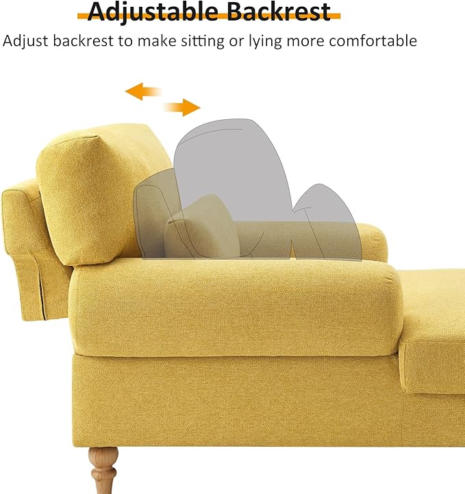 Modern Chaise Lounge Chair with Adjustable Backrest, Upholstered Indoor Leisure Sofa Recliner, Oversized Accent Chair Deep Seat Reading Armchair for Living Room, Bedroom, Office, Yellow