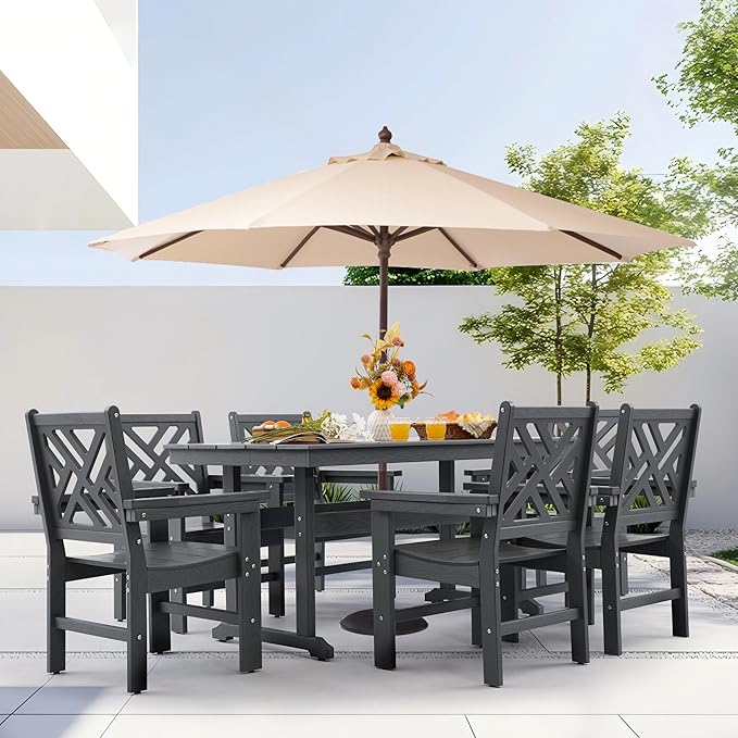 HDPE Dining Table Set for 6,7-Piece Outdoor Table and Chairs Include 6 Dining Chairs and 62.5" Patio Dining Table with Umbrella Hole (Gray)