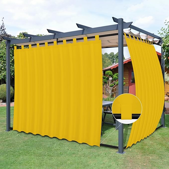 Easy-Going Outdoor Patio Curtains Detachable Tab Top Windproof Weatherproof Curtain for Cabana, Porch, Pergola and Gazebo, Tab Bottom Drape, 2 Panels, 110W x 108L inch, Yellow