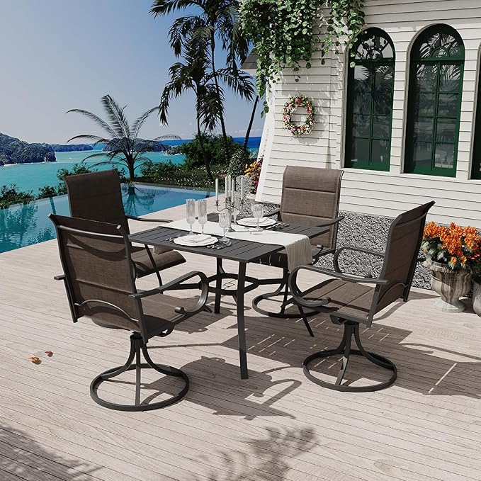 MELLCOM 5-Piece Outdoor Dining Set, 4 Swivel Rocker Chairs with High Back Textilene & Square Metal Dining Table with Umbrella Hole, Patio Furniture Set for Porch, Backyard, Deck, Brown