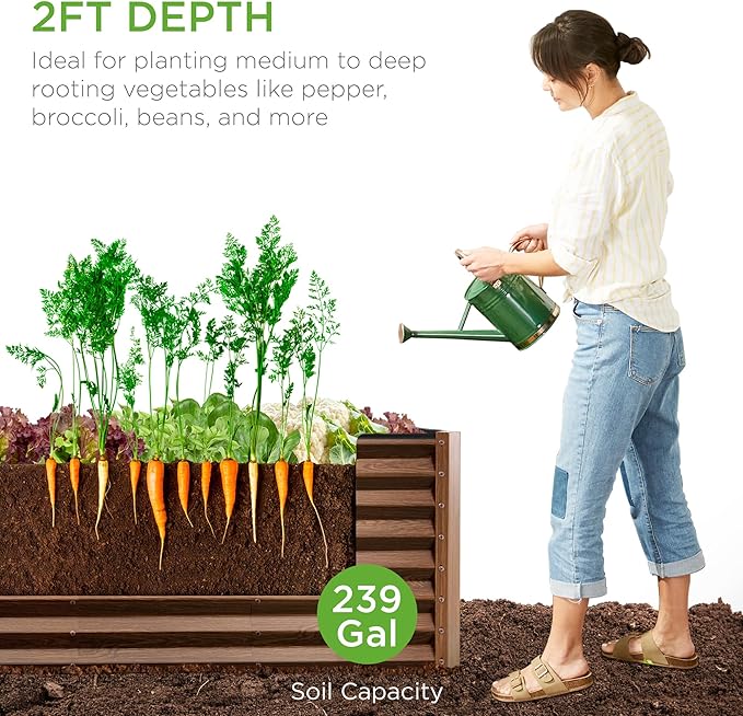 Best Choice Products 8x2x2ft Raised Outdoor Metal Garden Bed, Deep Root Box Planter for Vegetables, Flowers, Herbs, 240 Gallon Capacity, 100% Non Toxic Materials - Dark Brown Wood Grain