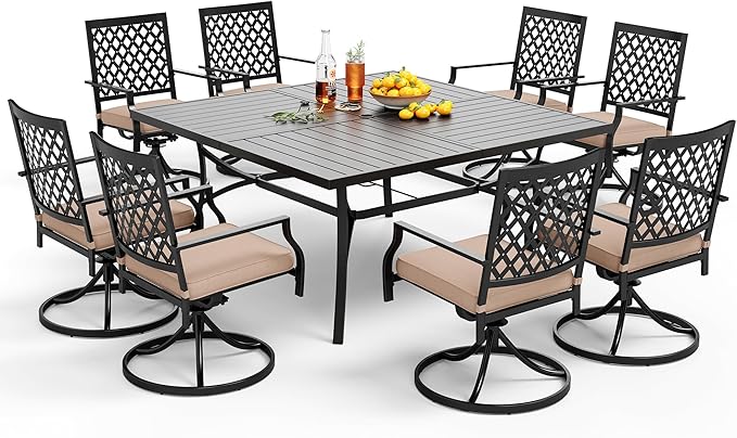 PHI VILLA 9 Pieces Outdoor Dining Set for 8, 60" Black Square Metal Table with Umbrella Hole & Swivel Wrought Iron Chairs with Cushions, Large Outside Furniture Set for Patio, Deck, Yard, Porch
