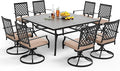 PHI VILLA 9 Pieces Outdoor Dining Set for 8, 60" Black Square Metal Table with Umbrella Hole & Swivel Wrought Iron Chairs with Cushions, Large Outside Furniture Set for Patio, Deck, Yard, Porch