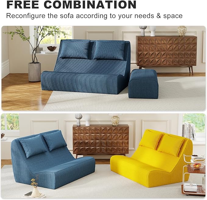 Giant Bean Bag Chair for Adults - Indoor Chaise Lounge with Pillows & Ottomans, Upholstered Loveseat Floor Sofa Chair for Reading, Gaming, Napping, and Movies (Royal Blue)