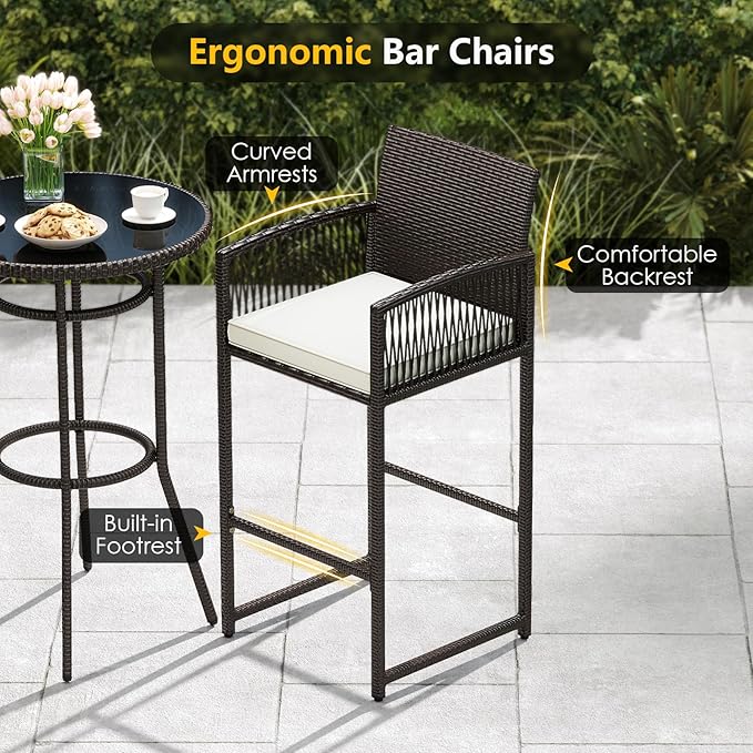 Tangkula 3 Piece Patio Bar Set, Outdoor Heavy Duty Wicker Bar Height Table & 2 Cushioned Barstools, for Backyard, Poolside, Porch, Bistro